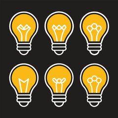 Six stylized yellow lightbulbs with white outlines are depicted against a black background, symbolizing ideas or inspiration