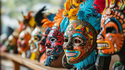 Fototapeta premium Close-up of carnival masks and costumes displayed on a table, with intricate designs and bright colours