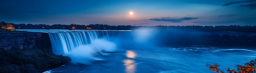 Fototapeta premium Majestic Waterfall Cascades Under a Full Moon in the Night Sky