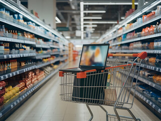 Carrito de supermercado con una computadora port&aacute;til dentro
