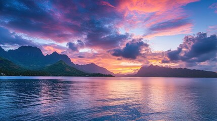Dramatic sunset illuminating mountains over calm ocean water in french polynesia