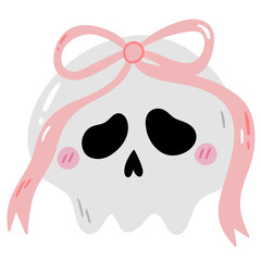 cute skull skeleton with pink ribbon ,Halloween PNG element sticker for decoration