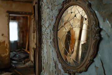 An old, cracked mirror reflecting the faint outline of a person standing in a dark, dusty room.  Generative AI.