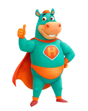 recommend clip art: A cartoon mascot of a hippopotamus hero read "H" on chest