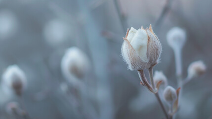 Close-up of a soft, cotton-like flower bud covered in frost, set against a cool, muted background. Evoking wintery stillness, perfect for seasonal or nature-inspired projects.