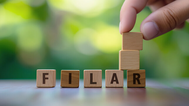 Hand stacking wooden blocks spelling "FILAR" against a green blurred background, symbolizing structure and support