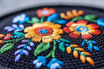 Obraz premium Vibrant Colors of Hispanic Heritage Detailed, Colorful Floral Embroidery on Black Textile Art