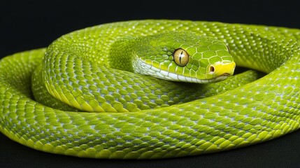 Obraz premium Closeup On Coiled Green Python With Bright Yellow Eyes, Isolated On Black Background.