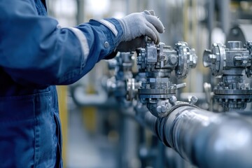 A worker adjusts a valve on industrial piping in a facility.