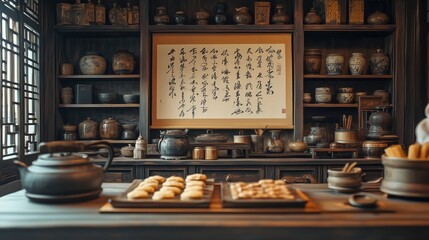 A Chinese-style interior with traditional calligraphy on the wall, featuring an antique wooden desk and shelves filled with ancient writing tools like brush stones and inkwells.