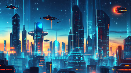 background with a futuristic city, showcasing flying cars, advanced technology, and imaginative sci-fi elements