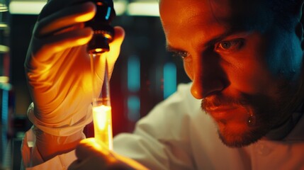 Obraz premium A scientist scrutinizes a glowing substance in a test tube with meticulous care, highlighting their intense concentration and dedication in a lab environment.