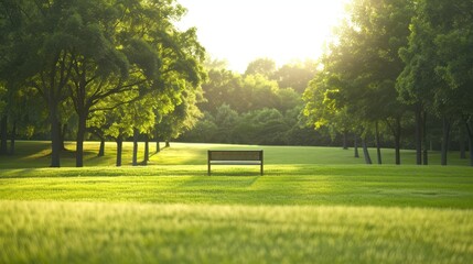 Obraz premium Peaceful park scene with a single bench bathed in soft sunlight, surrounded by lush green grass and trees in the background.