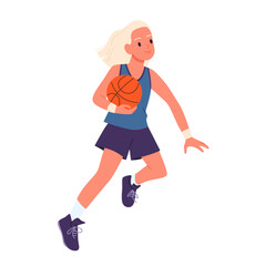 Basketball player girl running and jumping, dribble ball down court. Female young athlete holding ball in hand to jump, run to basket, child playing in school team cartoon vector illustration