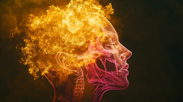 Abstract Wireframe Head with Golden Particles Exploding from the Mind