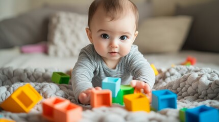 Naklejka premium A baby girl plays with colorful blocks on a bed.