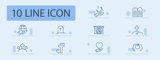 Religion and faith set icon. Moon, commandments, tombstone, world, cross, cemetery, heart, grave, scripture, love, fire, charity, spirituality, worship, faith, death, memorial, global, belief.