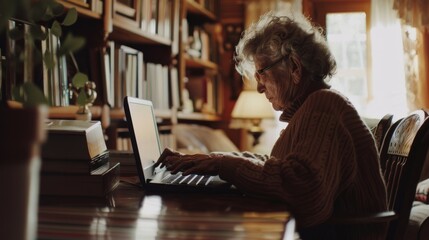 Fototapeta premium An elderly woman works on her laptop amidst a home library, surrounded by books and warm, filtered sunlight.