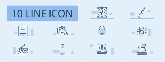 Household utilities set icon. Fan, faucet, lightbulb, air conditioner, toothbrush, water heater, radio, router, meter, utilities, home, energy, cooling, electronics, technology, plumbing.