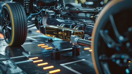 Fototapeta premium Advanced automotive chassis showcasing precision engineering and innovative technology, with glowing digital interfaces highlighting its complexity.
