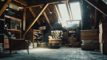An old attic filled with aged furniture, boxes, and cobwebs, with sunlight streaming in through a window.