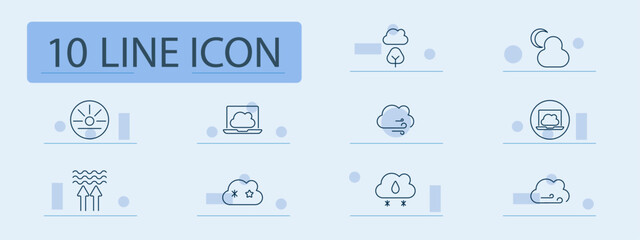 Weather and climate set icon. Cloud, sun, tree, moon, wind, snow, rain, laptop, heat, cold, breeze, weather forecast, nature, temperature, meteorology, cloud computing, atmosphere, environment.