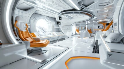 A futuristic, pristine spacecraft interior showcases sleek, white and orange decor, complete with advanced seating and a scenic view of space.