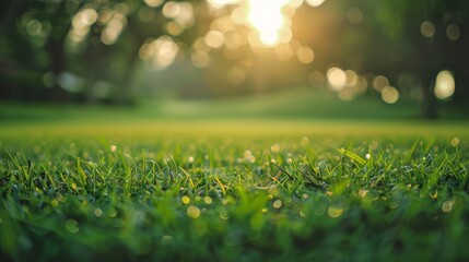 Fototapeta premium Water droplets glisten on fresh grass in a sunlit field, capturing a tranquil morning scene filled with warm light and nature’s simple beauty.
