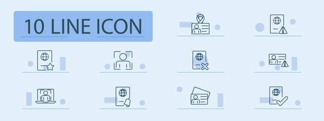 ID set icon. Passport, star rating, ID card, photo verification, warning, access, identification, user, credentials, global ID, security, validation