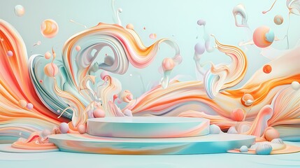 Obraz premium A light blue and orange abstract background with a circular pedestal in the center and several round shapes scattered around it.