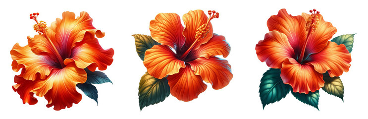 Obraz premium Tropical hibiscus flower in bright orange-red hues Isolated on white or transparent background