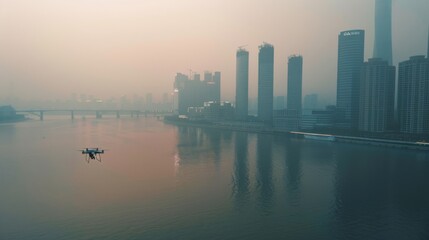 Obraz premium A drone soars above a misty city river, capturing the soft light reflecting on the water and high-rise buildings emerging from the morning mist.