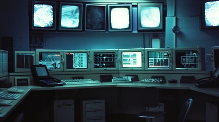 Fototapeta premium Control room illuminated with blue light, filled with numerous monitors and electronic equipment, showcasing a high-tech environment for monitoring activities.