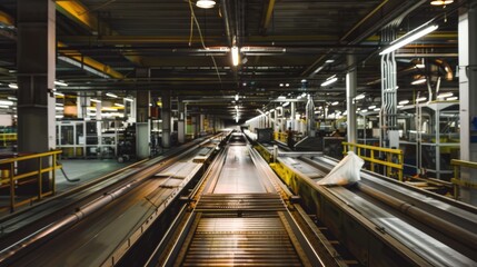 Obraz premium An expansive industrial warehouse with multiple conveyor belts under bright lighting, highlighting the organized chaos of manufacturing.
