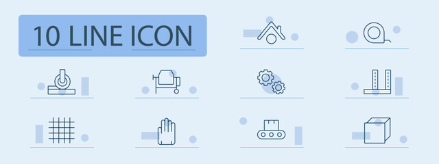 Construction tools set icon. Power button, concrete mixer, house, gears, ruler, grid, hand, conveyor, box, building tools, construction equipment