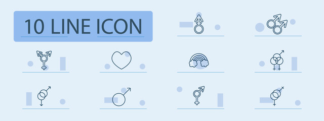 Gender and diversity set icon. Male and female symbols, transgender sign, heart, rainbow, intersex, non binary, gender identity, LGBTQ, love, equality