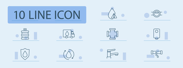 Water and plumbing set icon. Water droplet, truck, filter, pipe, faucet, warning symbol, recycling water, heater, leak, pipeline