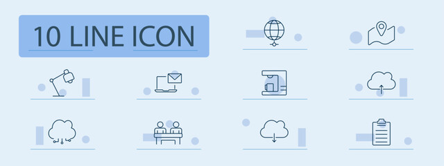 Office and work tools set icon. Globe, map location, desk lamp, email, printer, cloud upload, meeting, cloud download, clipboard, technology