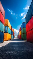 Fototapeta premium A photo of stacked shipping containers at the port, ready for transport to their physical destination