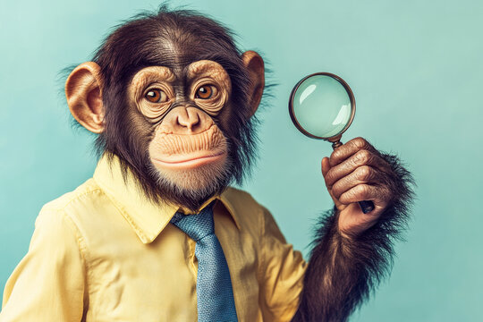 Intriguing image of a monkey in a formal shirt and tie, holding a magnifying glass, set against a light blue background.