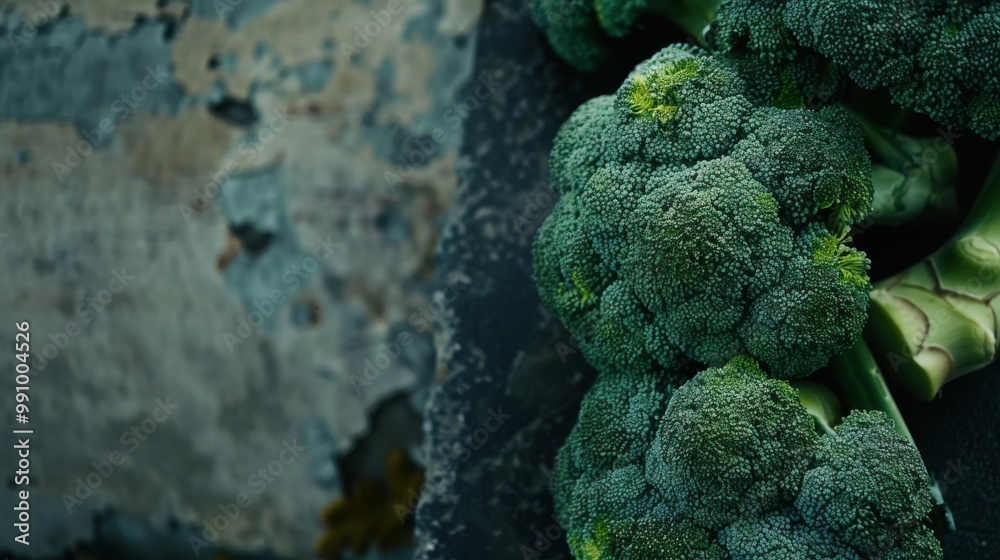 Poster Fresh broccoli rests against a textured wall, capturing the contrast between organic produce and an industrial environment.