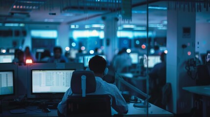 Obraz premium A lone figure in a dimly-lit control room wearing headphones monitors multiple screens, highlighting the intensity and focus of a nocturnal work environment.