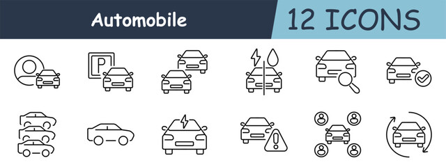 Automobile set icon. Car with driver, parking sign, three cars, electric and water-powered, inspection, car with checkmark, stacked cars, sedan, electric vehicle, warning sign, user, car sharing.