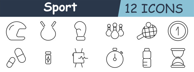 Sport set icon. Helmet, jump rope, boxing glove, bowling pins, tennis racket, medal, pills, energy drink, TV monitor with heartbeat, stopwatch, water bottle, hourglass