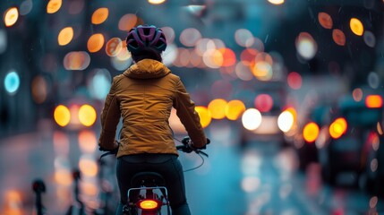 A lone cyclist in a yellow jacket navigates a wet, vibrant city street at dusk, surrounded by the diffused glow of cars and streetlights.