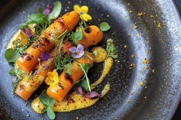 Michelin star gourmet dinner płate with grilled baby carrots and edible flowers