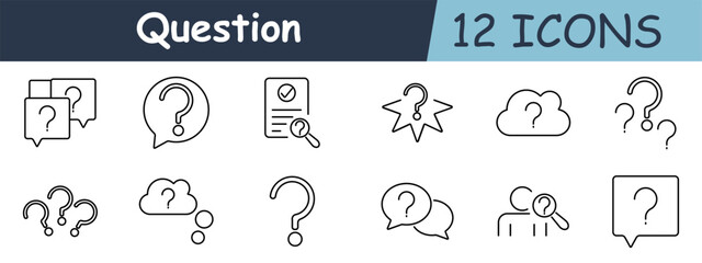 Question set icon. Large question mark, document with magnifier, starburst , cloud, multiple question marks, thinking bubble, speech bubbles, question box.