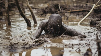 Obraz premium A muddy child crawls through a murky water-filled swamp, with their face caked in mud, surrounded by wetland vegetation.