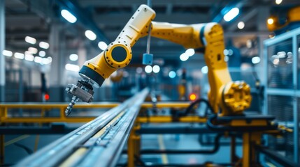 Naklejka premium A robotic arm precisely operates in a modern, brightly lit manufacturing facility, showcasing the advancement of automation and technology in production processes.
