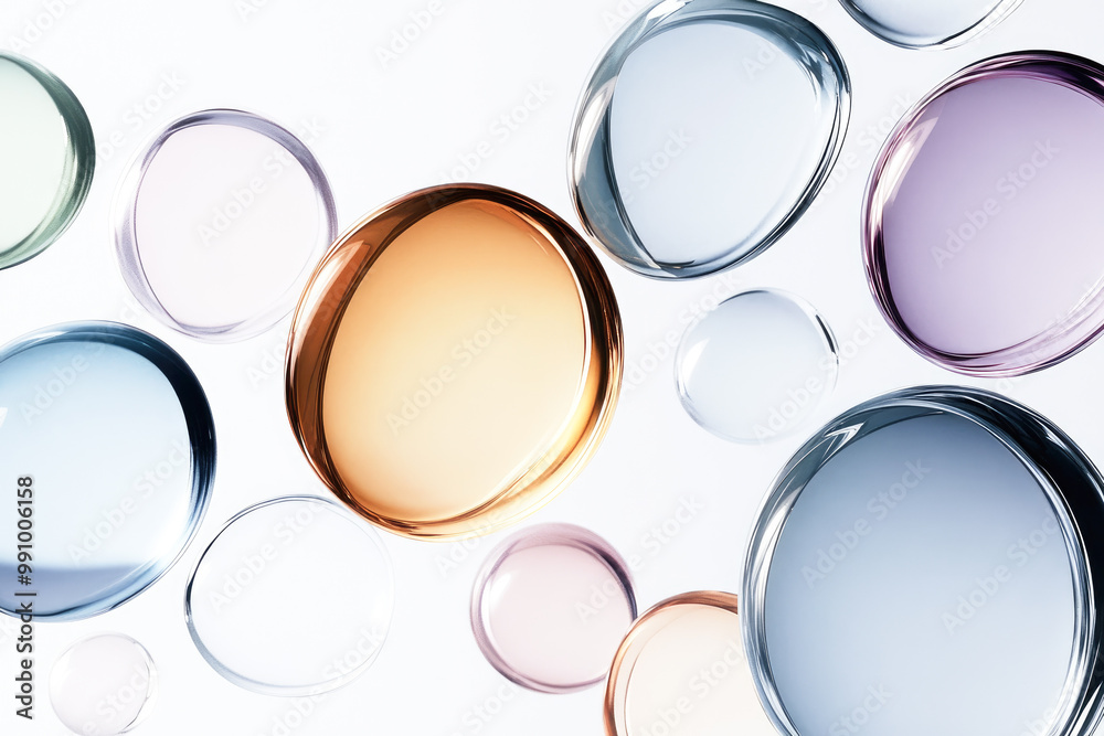 Poster an abstract pattern of colorful glass disks floating weightlessly, reflecting and refracting light, 